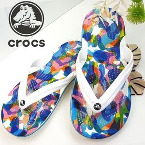 CROCS🦋Colorful Abstract Flip Flops with White Straps
